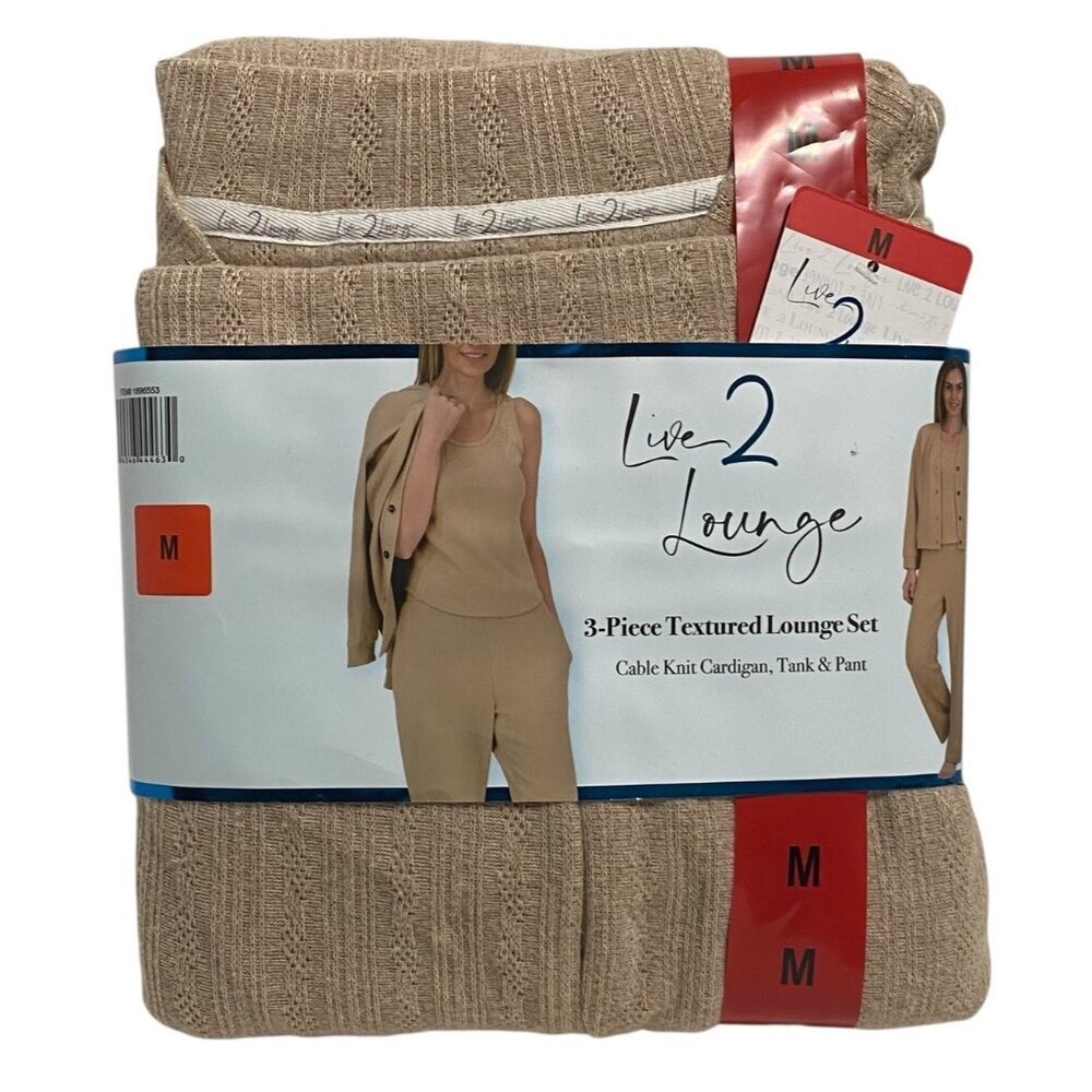 Live2Lounge Women's M Tan 3 Piece Textured Cable Knit Lounge Pajama Set NWT